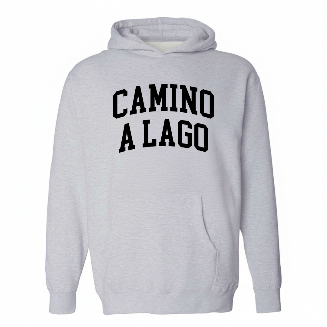 Heather-gray hoodie with the Camino A Lago varsity arched lettering design on the chest.