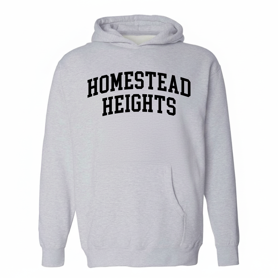 Heather-gray hoodie with the Homestead Heights varsity arched lettering design on the chest.