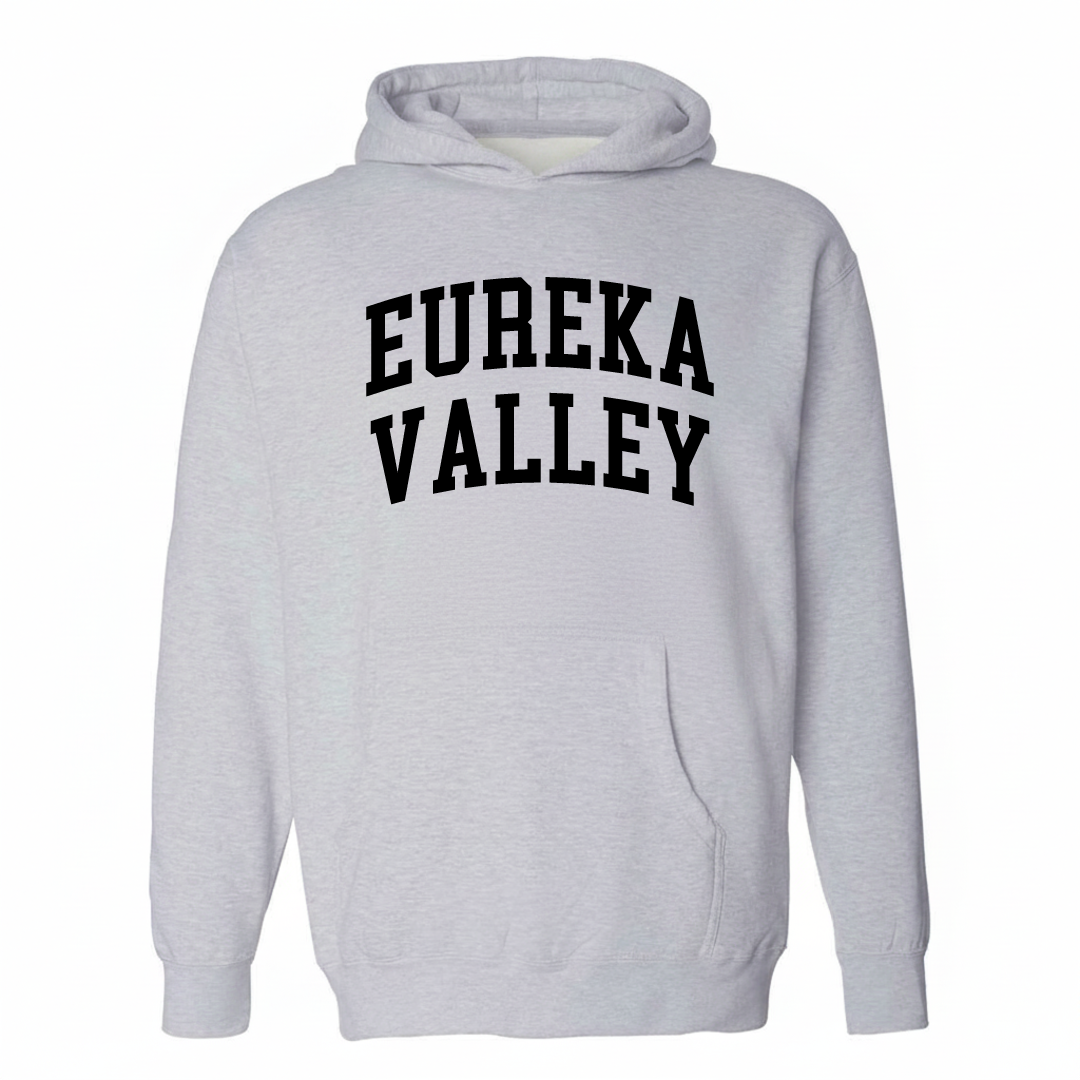 Heather-gray hoodie with the Eureka Valley arched lettering design on the chest.