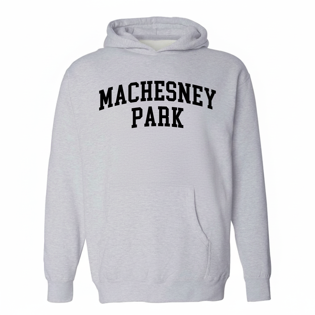 Heather-gray hoodie with the Machesney Park arched lettering design on the chest.
