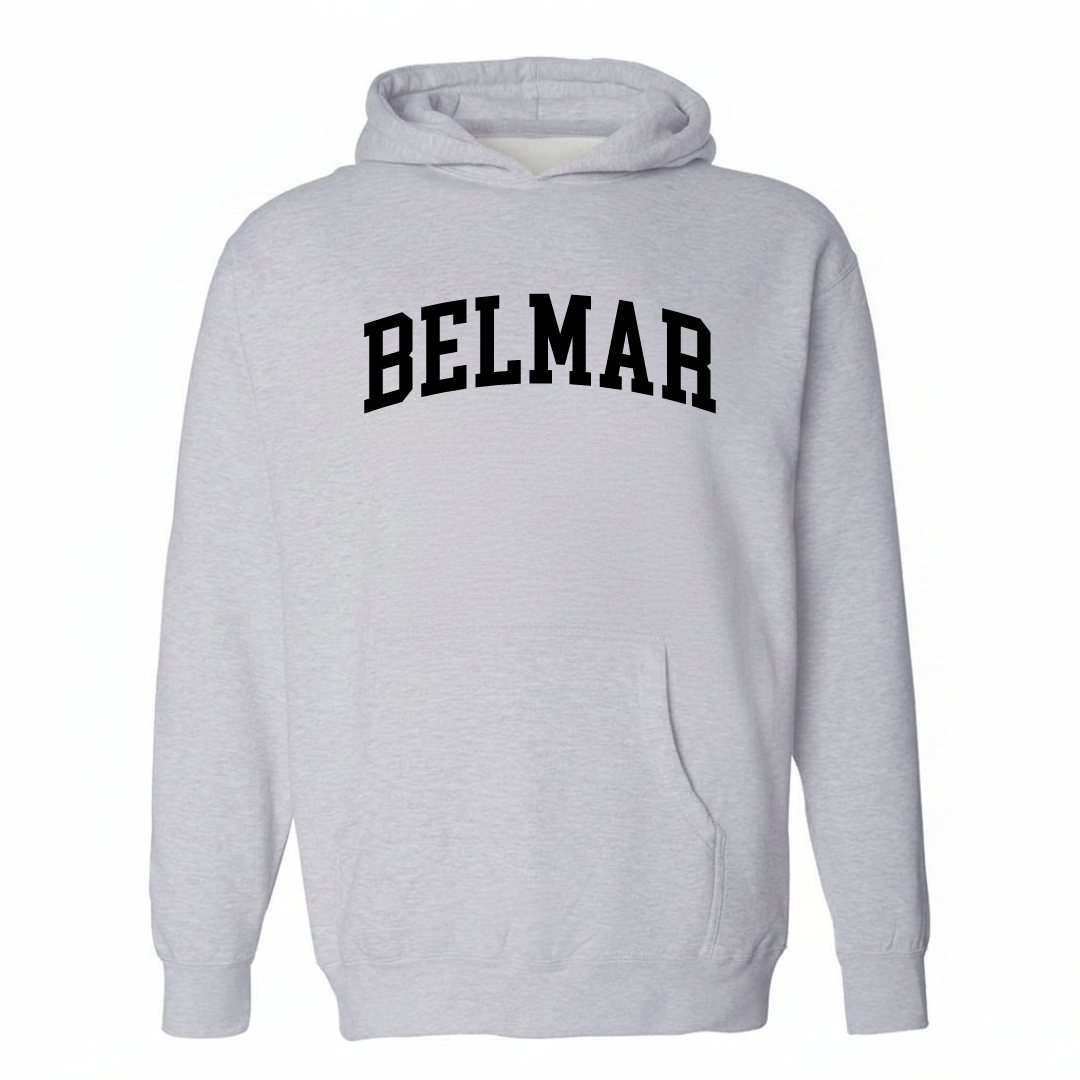 Heather-gray hoodie with the Belmar arched lettering varsity-collegiate design on the chest.