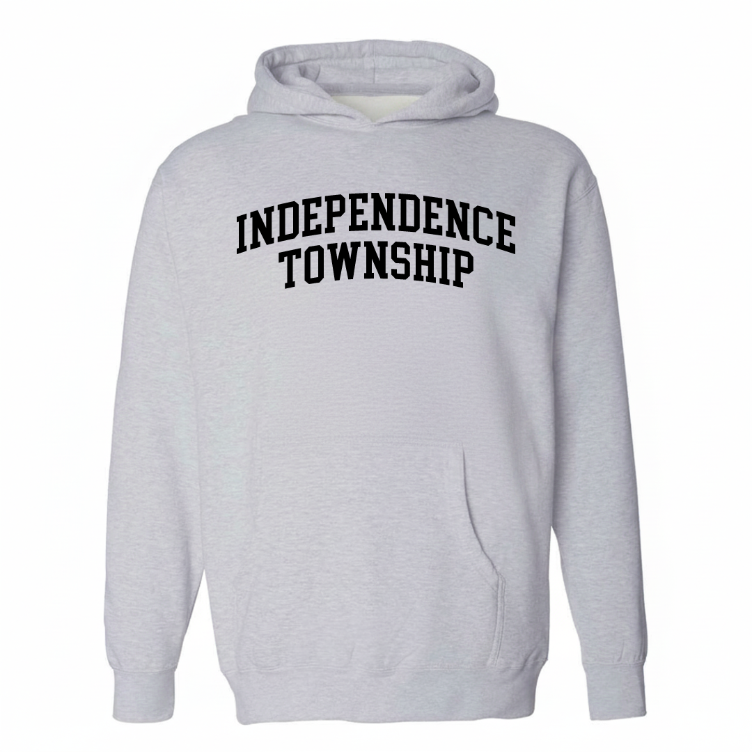 Heather-gray hoodie with the Independence Township arched varsity lettering design on the chest.