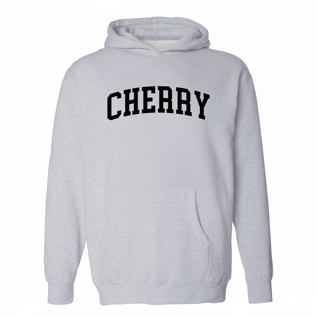 Heather-gray hoodie with the Cherry Charlotte arched varsity lettering design on the chest.