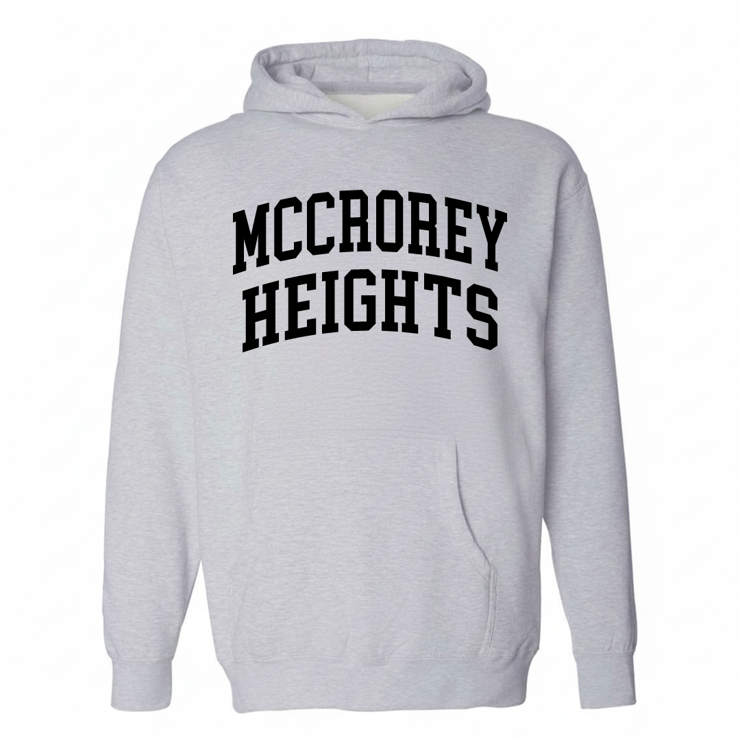 Heather-gray hoodie with the McCrorey Heights varsity arched lettering design on the chest.