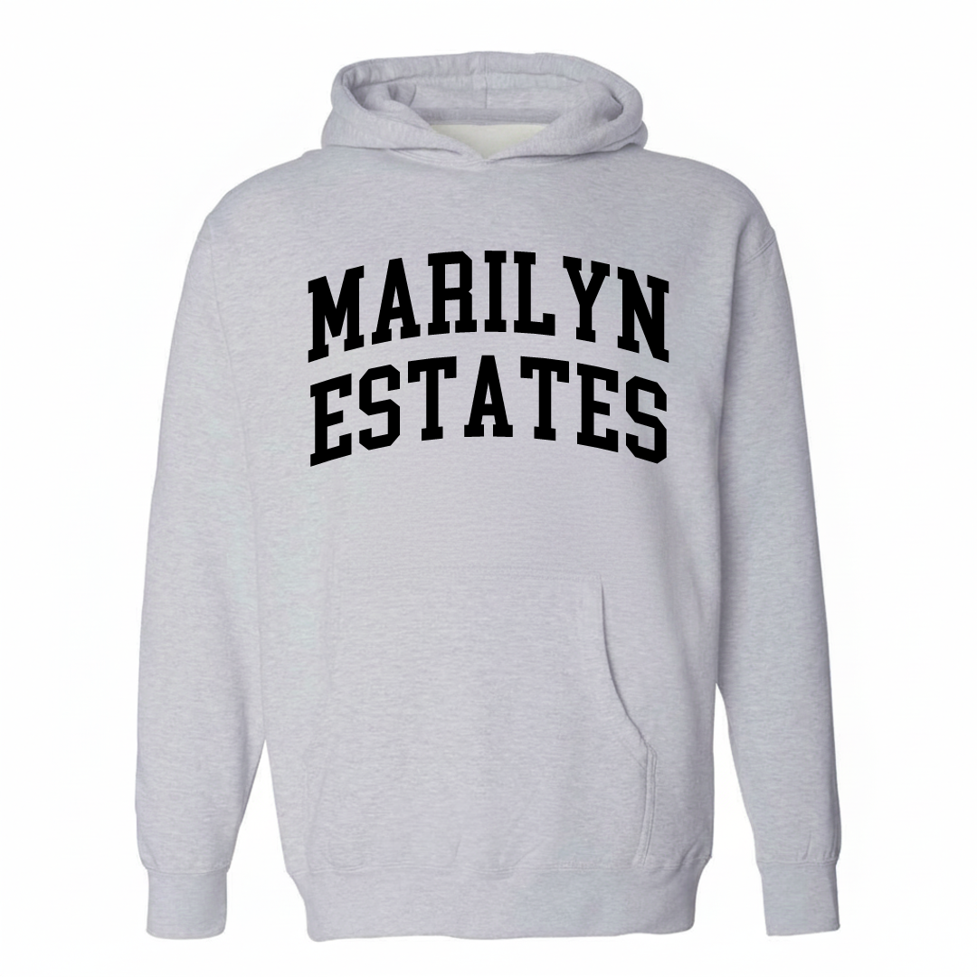 Heather-gray hoodie with the Marilyn Estates varsity arched lettering design on the chest.