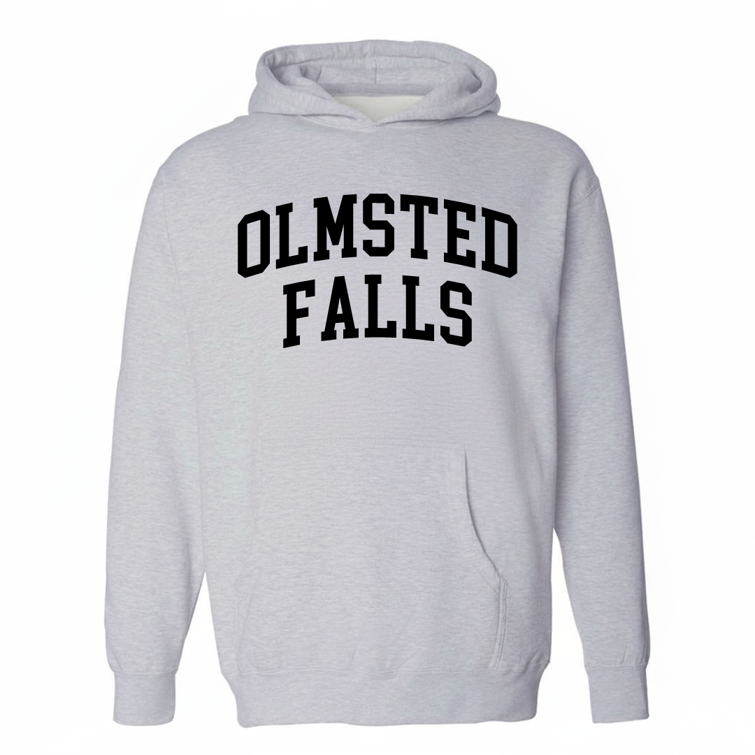 Heather-gray hoodie with the Olmsted Falls varsity arched lettering design on the chest.