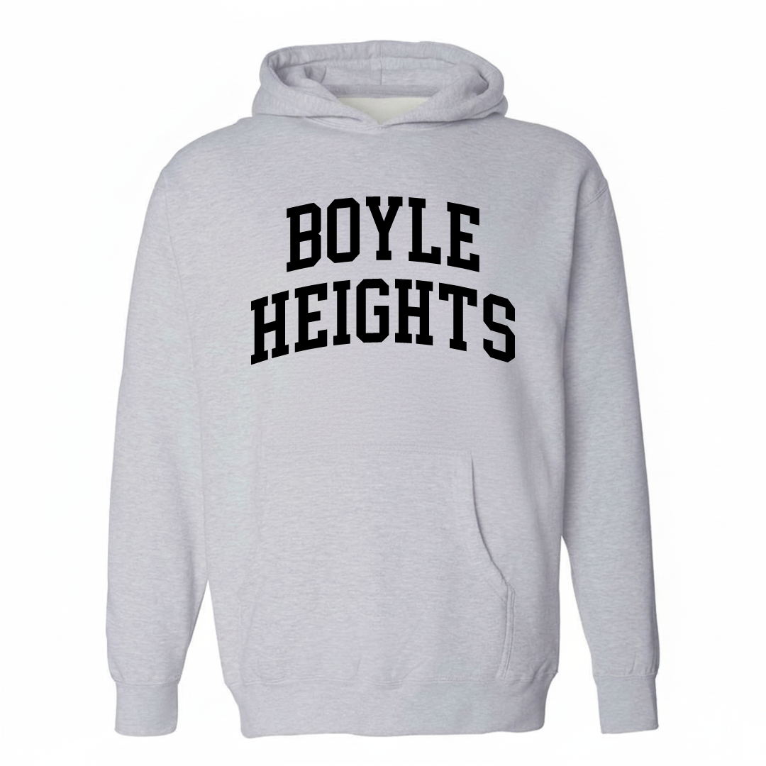 Heather-gray hoodie with the Boyle Heights arched varsity lettering design on the chest.