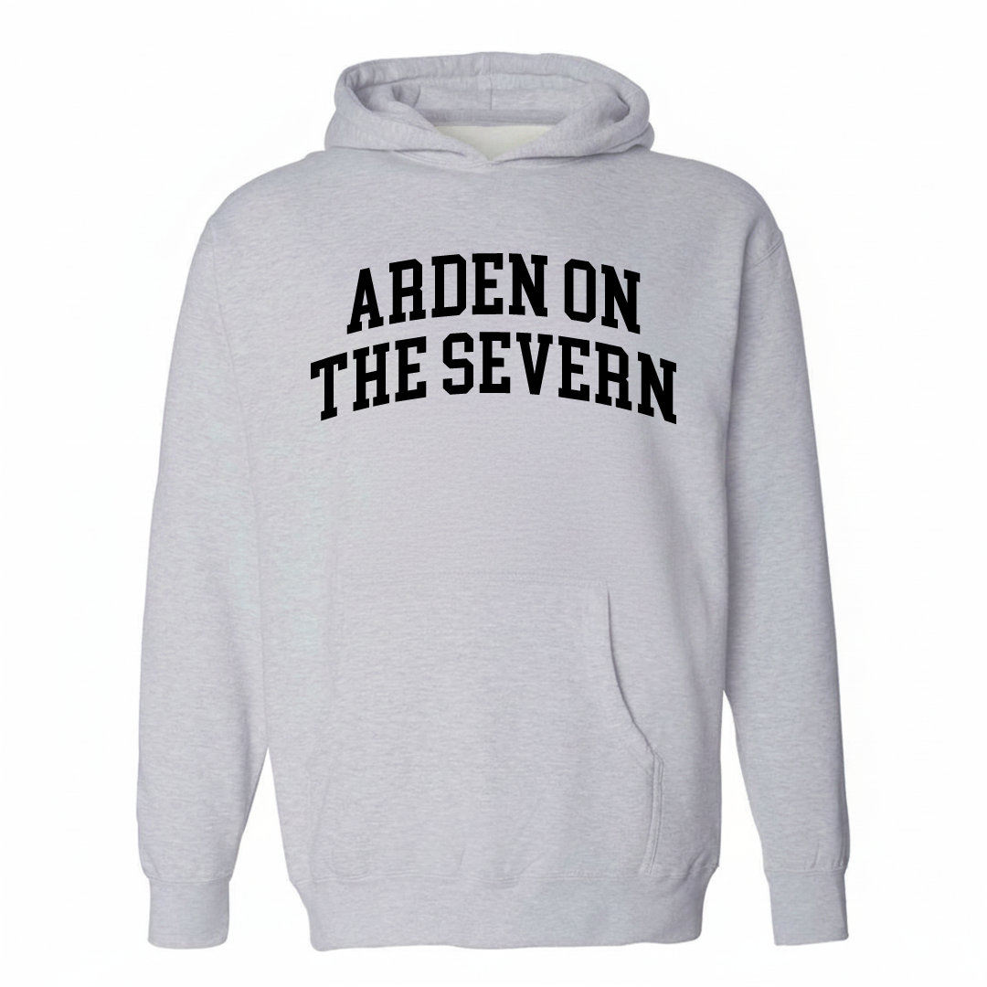 Heather-gray hoodie with the Arden on the Severn arched lettering design on the chest.