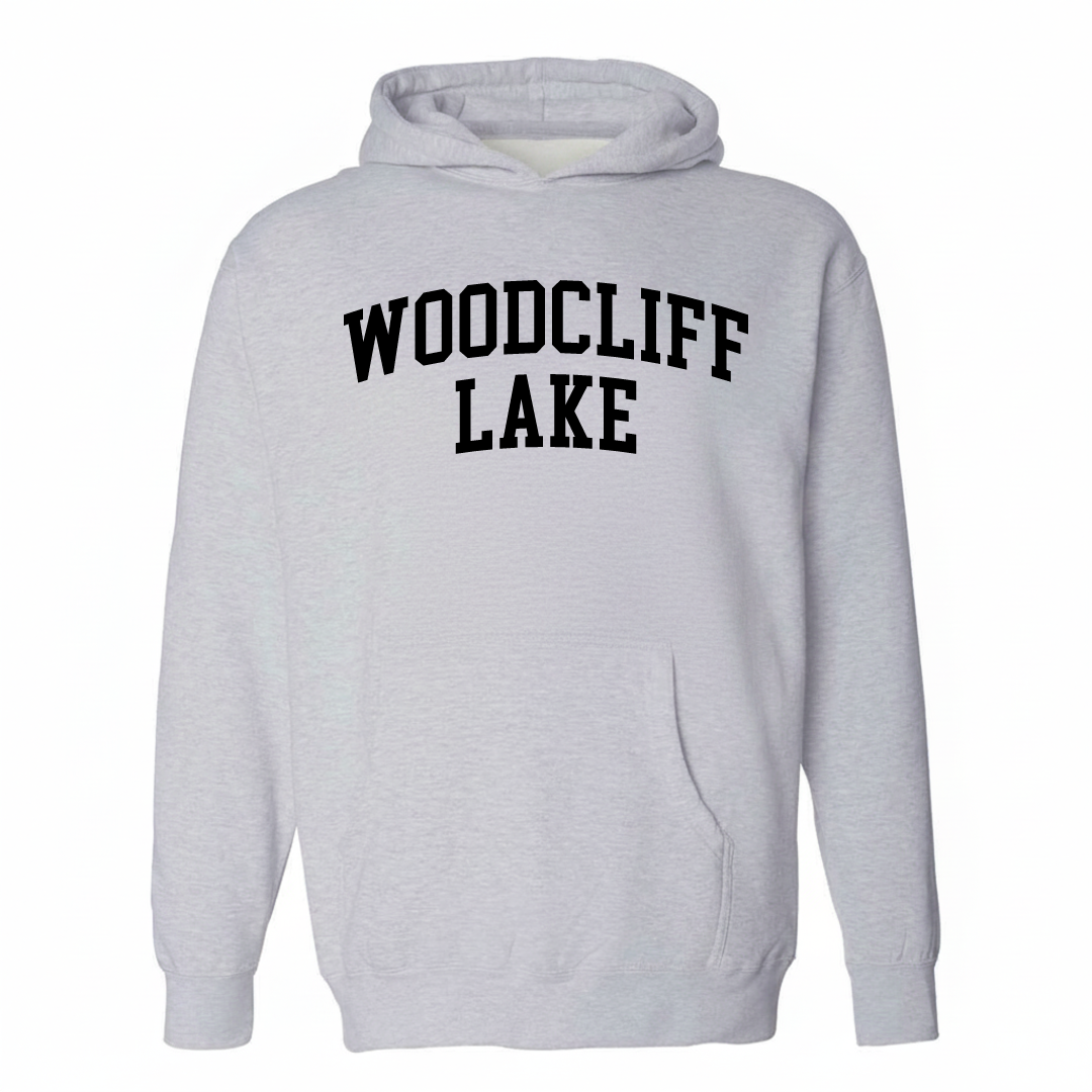 Heather-gray hoodie with the Woodcliff Lake varsity arched lettering design on the chest.