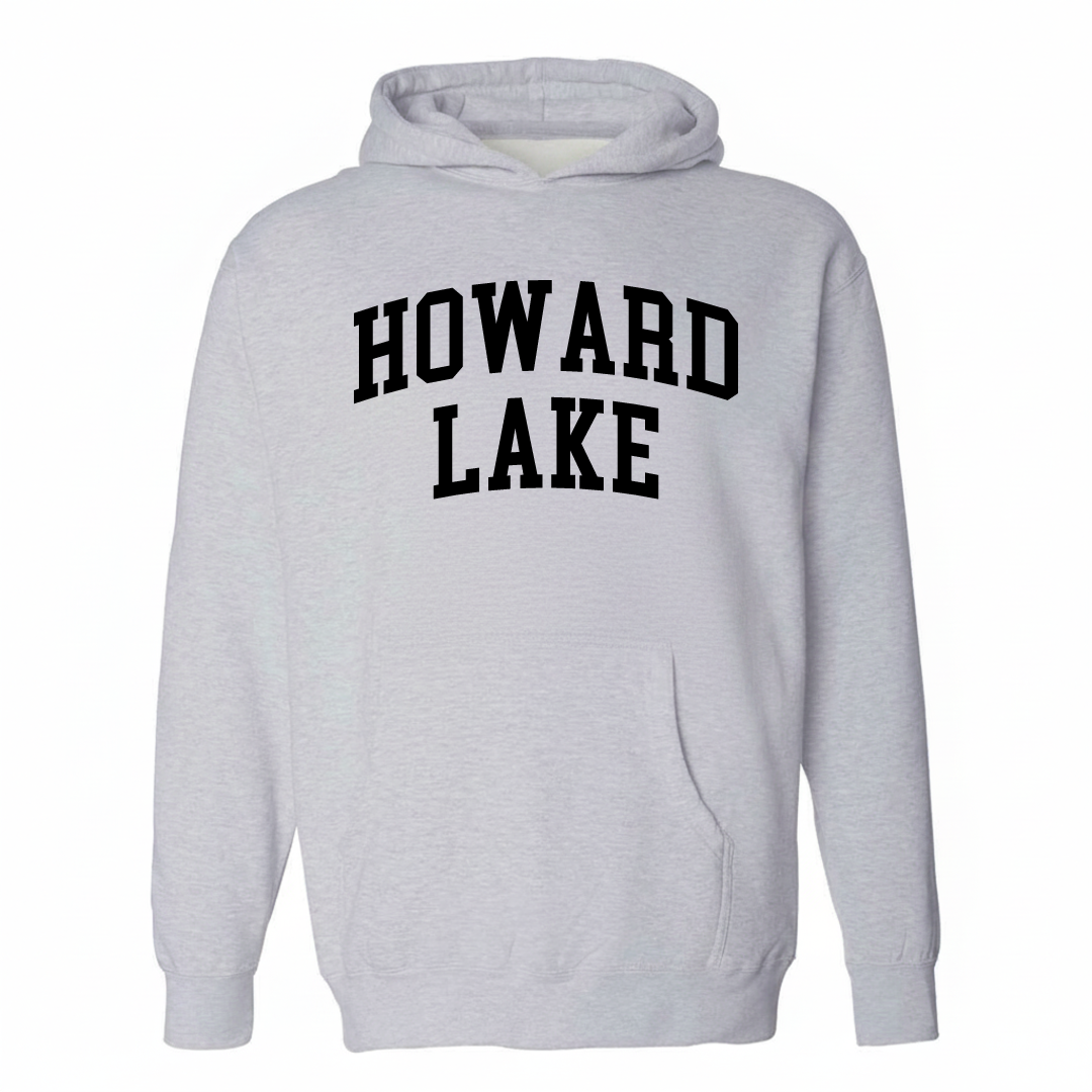 Heather-gray hoodie with the Howard Lake arched lettering varsity-collegiate design on the chest.