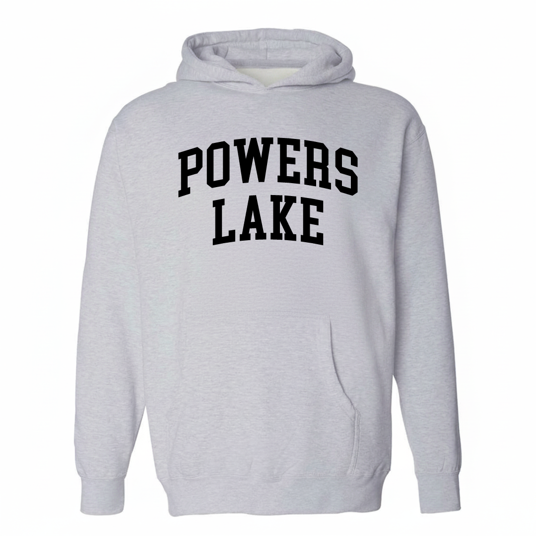 Heather-gray hoodie with the Powers Lake varsity arched lettering design on the chest.