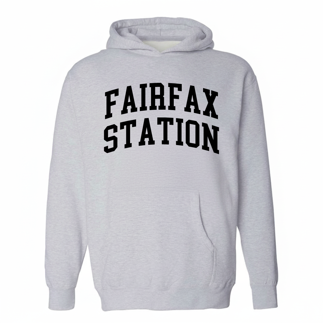Heather-gray hoodie with the Fairfax Station varsity arched lettering design on the chest.