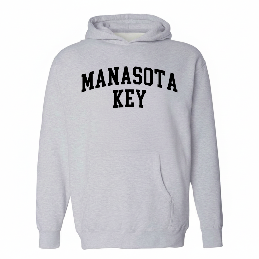 Heather-gray hoodie with the Manasota Key arched lettering design on the chest.