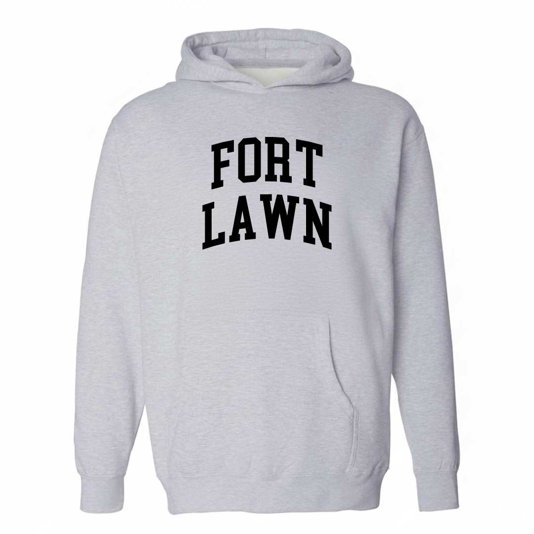Heather-gray hoodie with the Fort Lawn varsity arched lettering design on the chest.