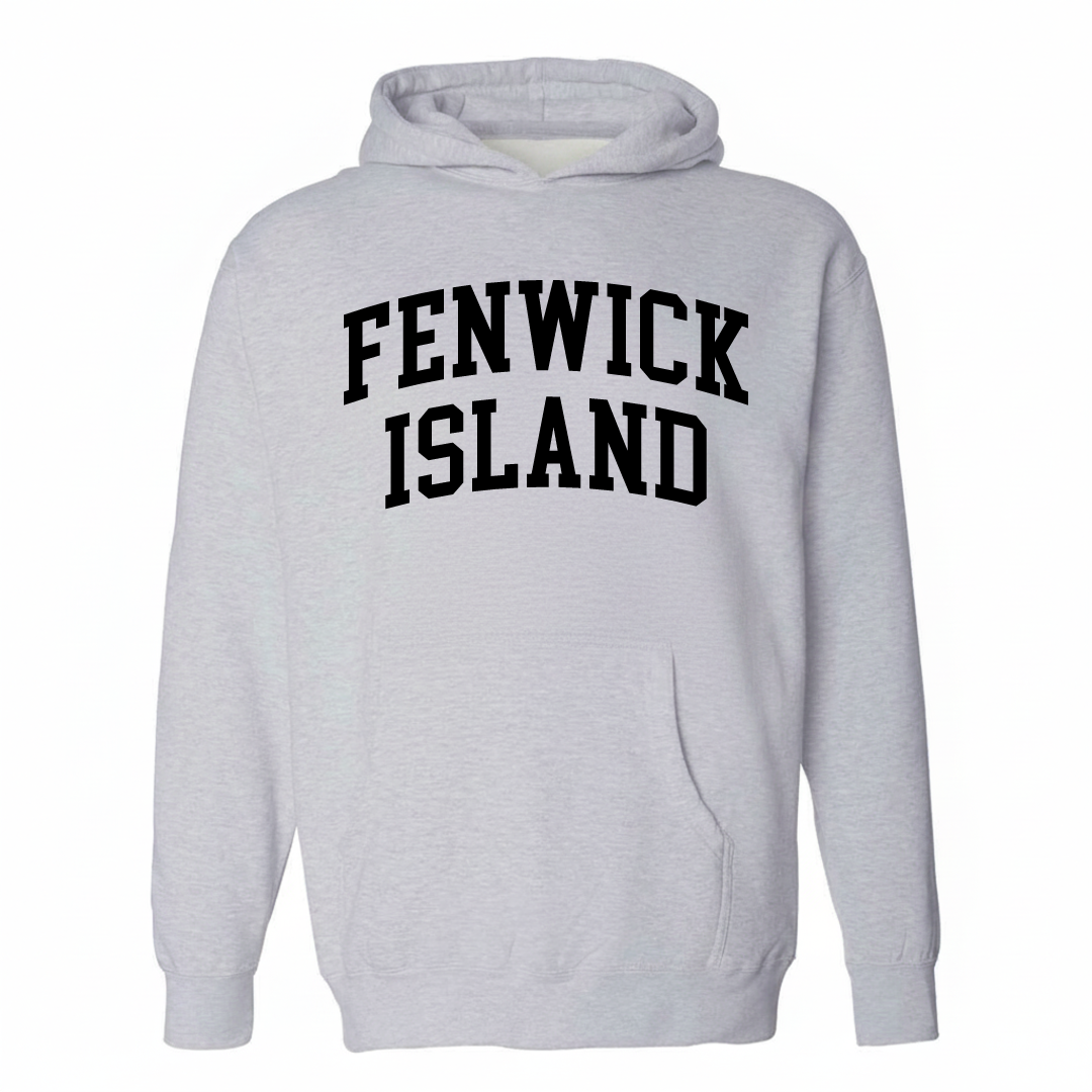 Heather-gray hoodie with the Fenwick Island varsity arched lettering design on the chest.