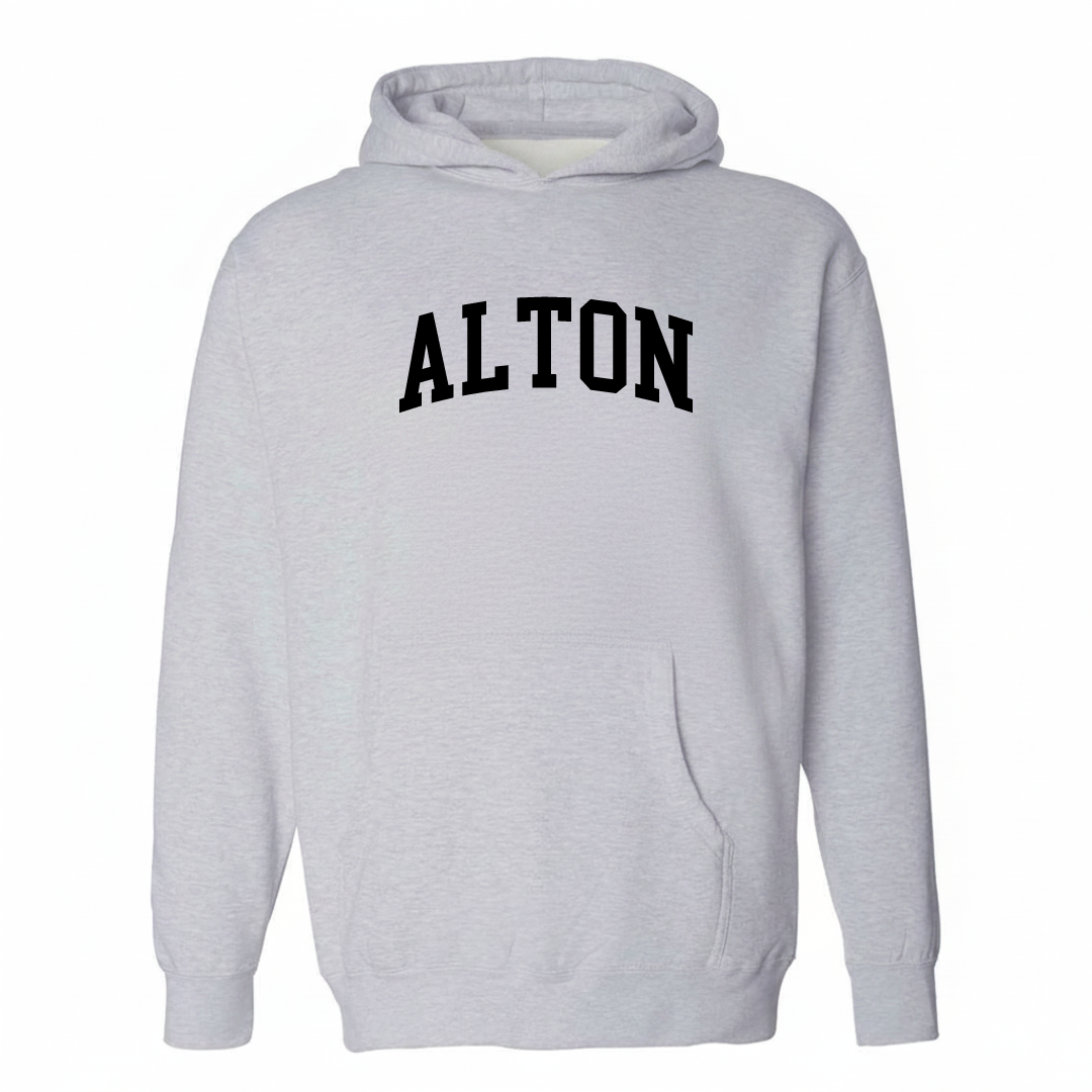 Heather-gray hoodie with the Alton arched lettering design on the chest.