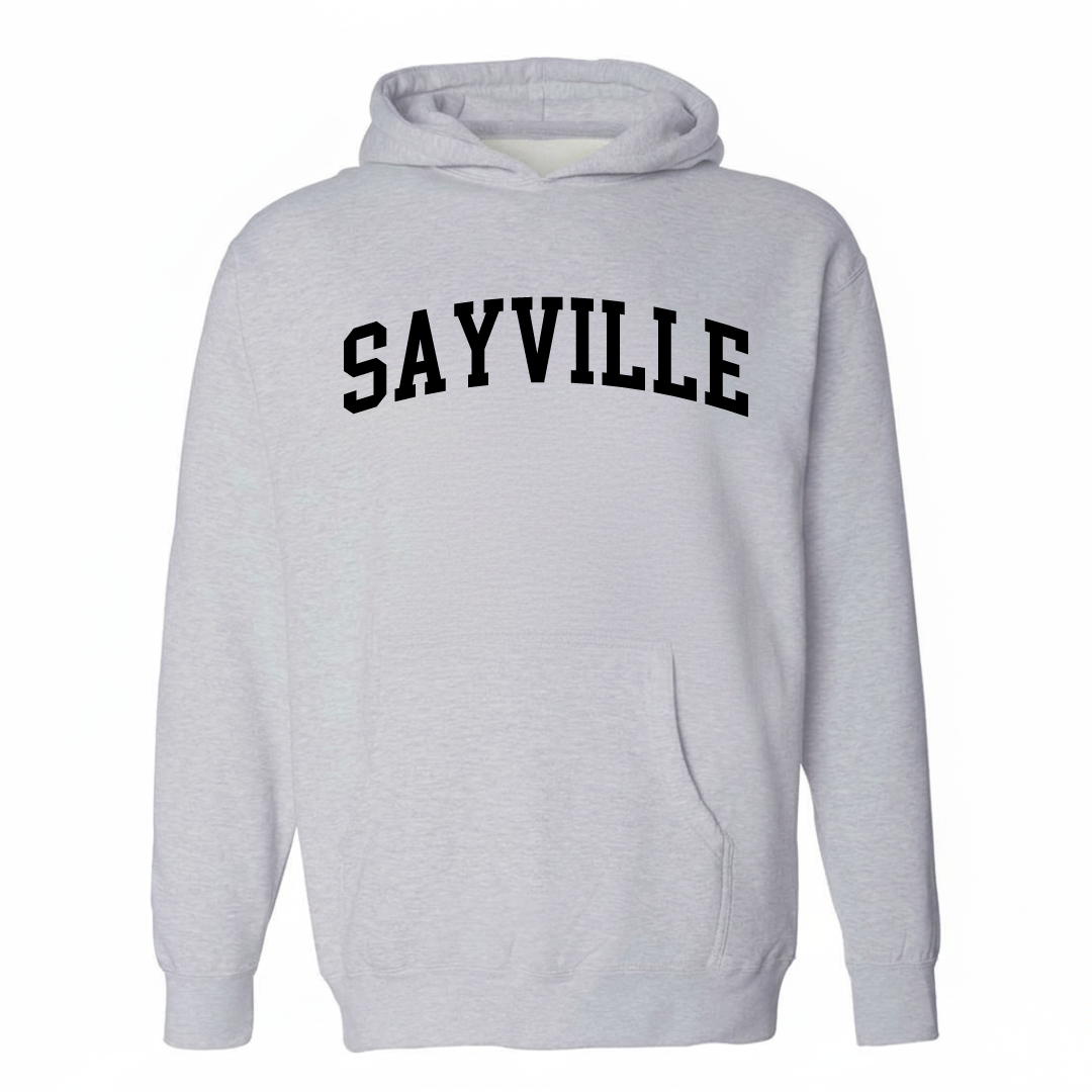 Heather-gray hoodie with the Sayville arched lettering varsity-collegiate design on the chest.