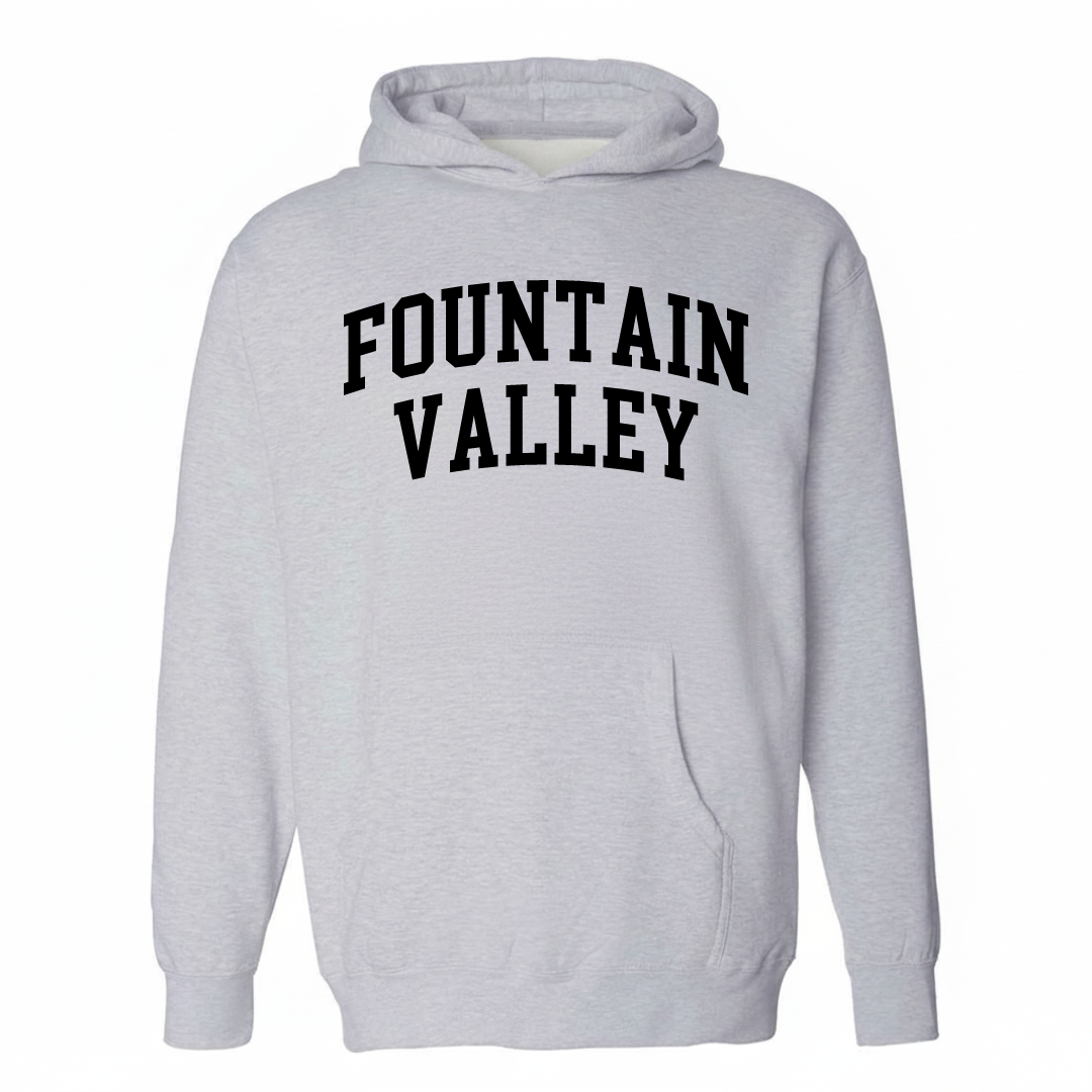 Heather-gray hoodie with the Fountain Valley varsity arched lettering design on the chest.