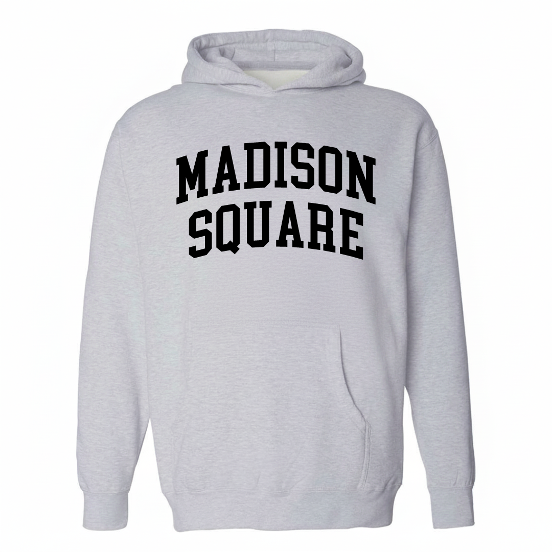 Heather-gray hoodie with the Madison Square varsity arched lettering design on the chest.