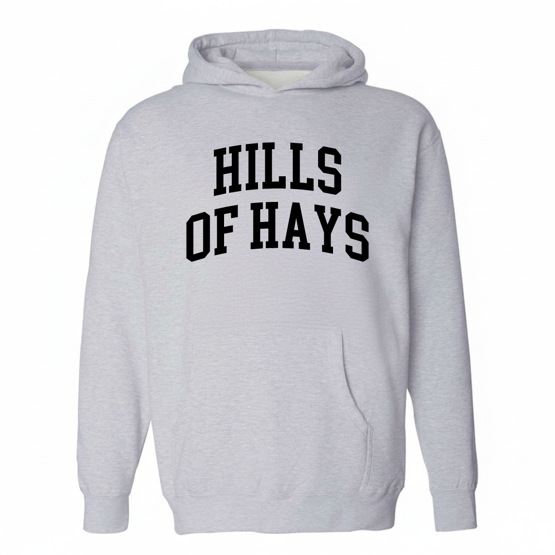 Heather-gray hoodie with the Hills of Hays varsity arched lettering design on the chest.