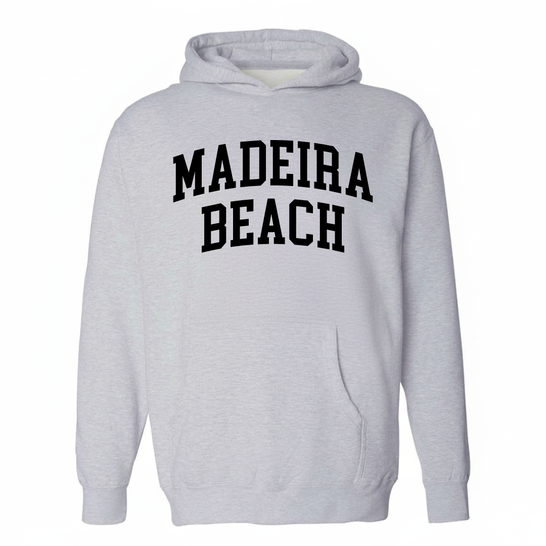 Heather-gray hoodie with the Madeira Beach arched lettering varsity-collegiate design on the chest.