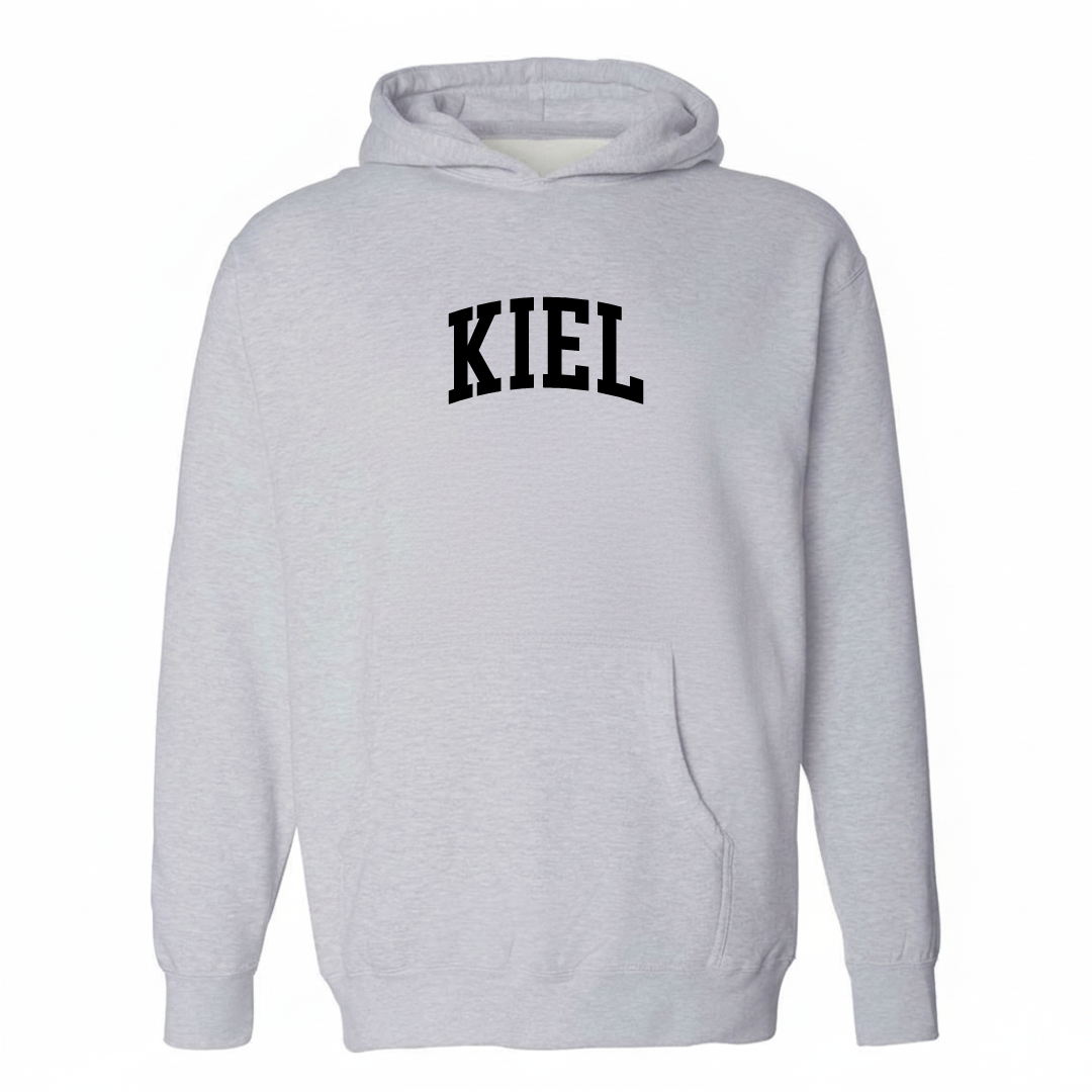 Heather-gray hoodie with the Kiel arched varsity lettering design on the chest.