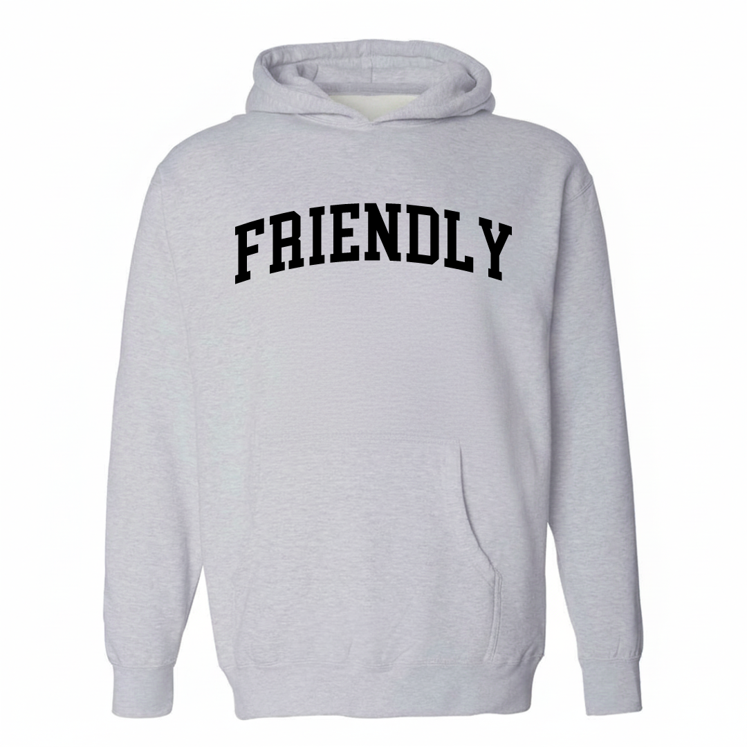 Heather-gray hoodie with the Friendly, MD varsity arched lettering design on the chest.
