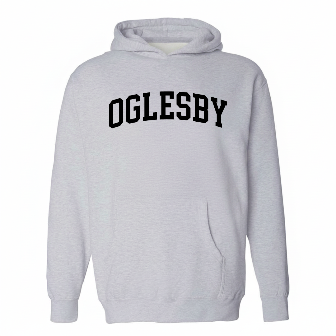Heather-gray hoodie with the Oglesby arched varsity lettering design on the chest.
