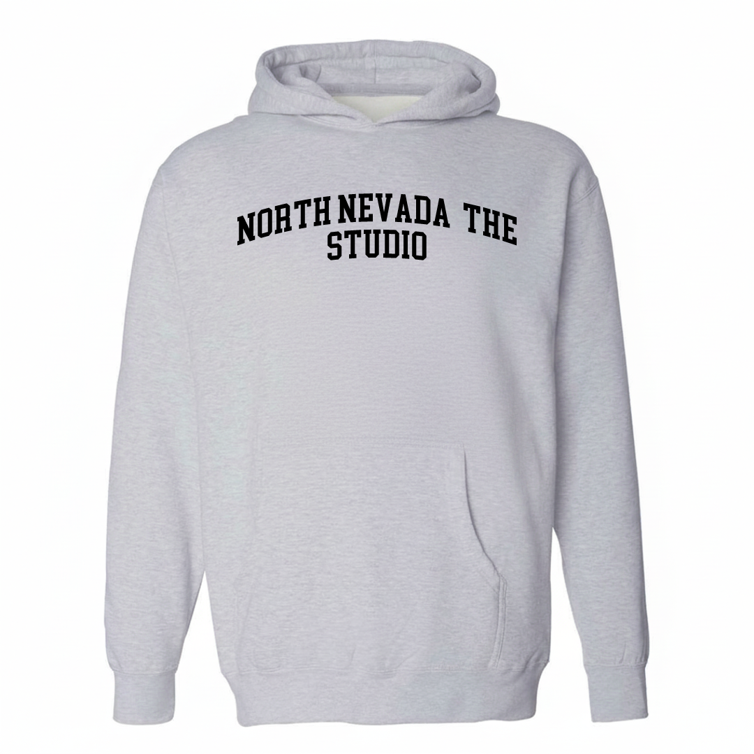 Heather-gray hoodie with the North Nevada / The Studio varsity arched lettering design on the chest.