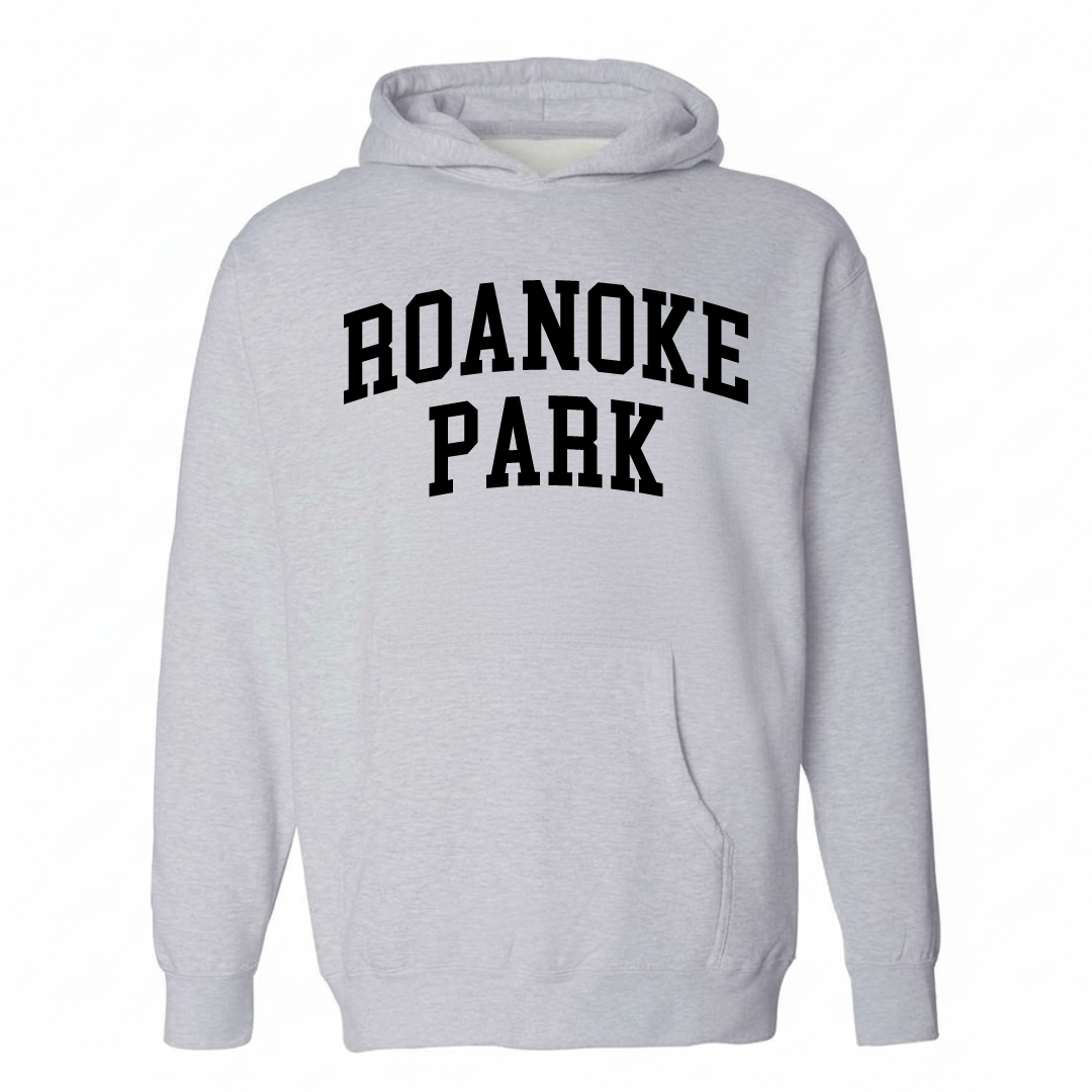 Heather-gray hoodie with the Roanoke Park varsity arched lettering design on the chest.