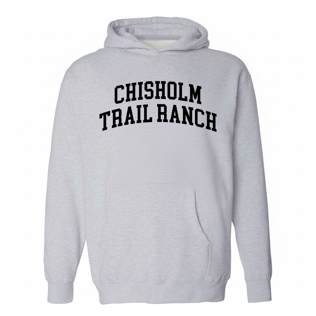 Heather-gray hoodie with the Chisholm Trail Ranch varsity arched lettering design on the chest.