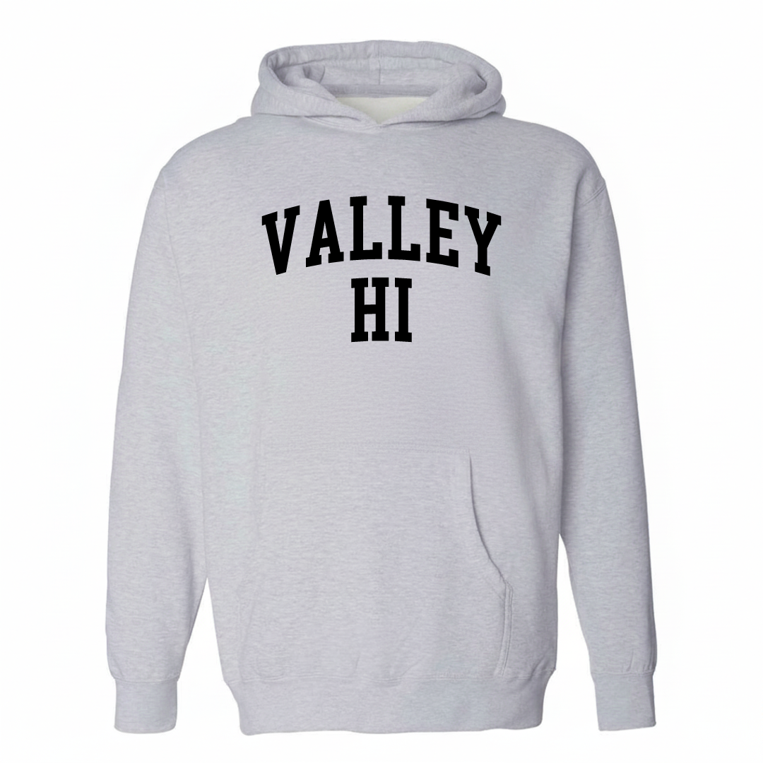 Heather-gray hoodie with the Valley Hi arched lettering varsity-collegiate design on the chest.