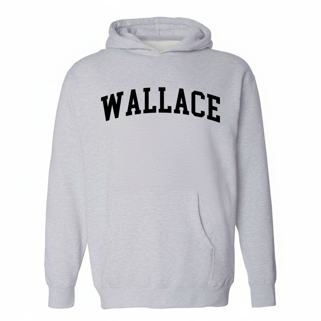 Heather-gray hoodie with the Wallace, NC varsity arched lettering design on the chest.