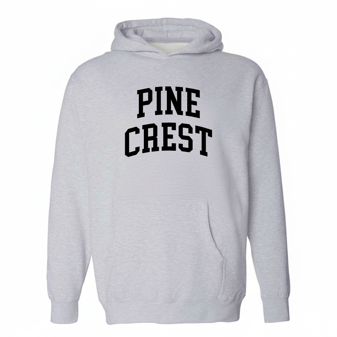 Heather-gray hoodie with the Pine Crest arched varsity lettering design on the chest.