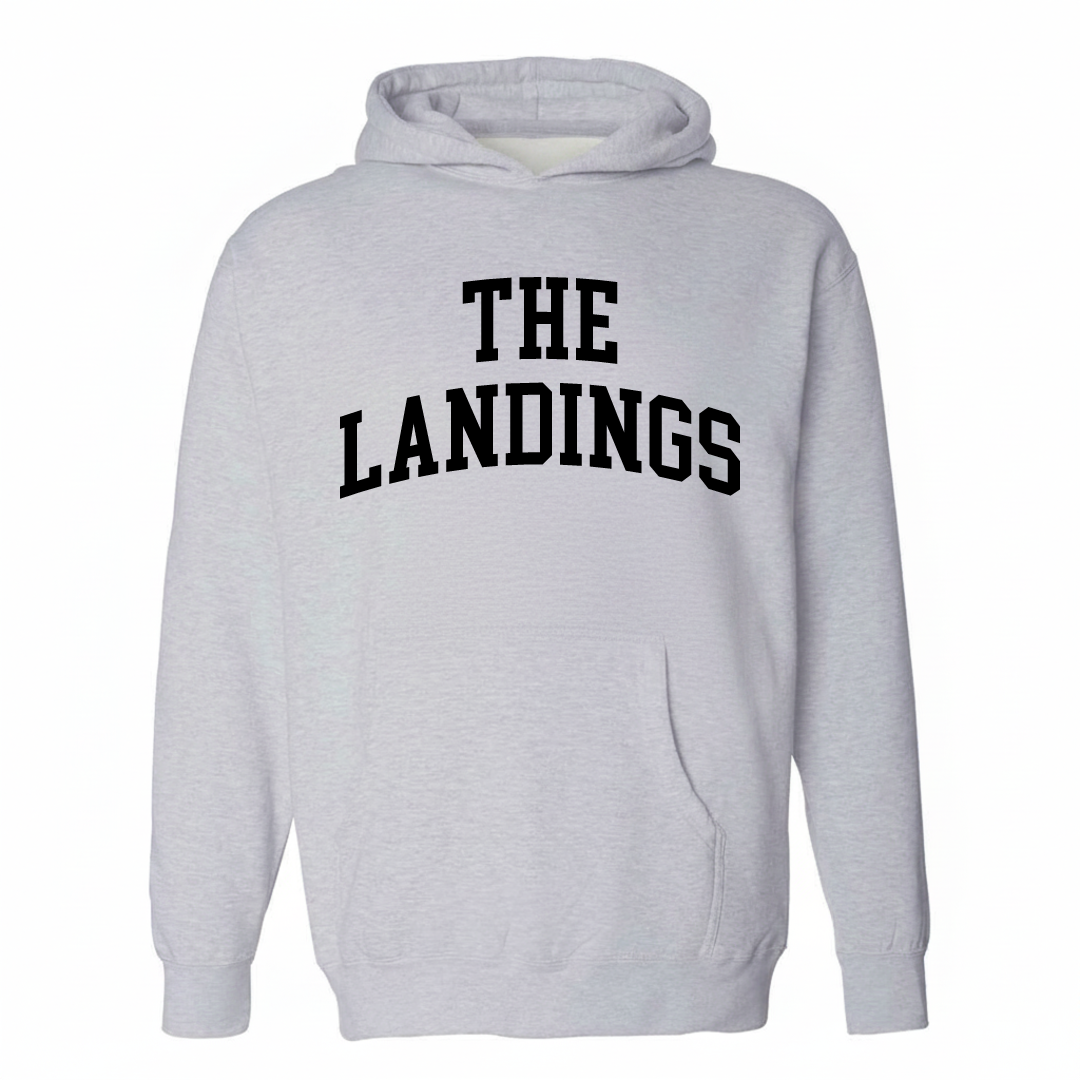 Heather-gray hoodie with The Landings varsity arched lettering design on the chest.