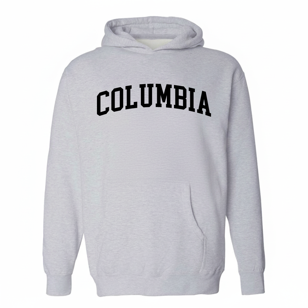 Heather-gray hoodie with the Columbia, NC varsity arched lettering design on the chest.