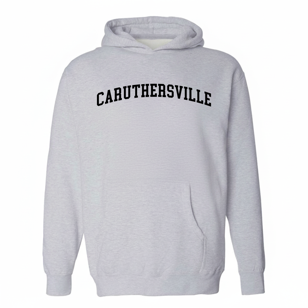 Heather-gray hoodie with the Caruthersville varsity arched lettering design on the chest.
