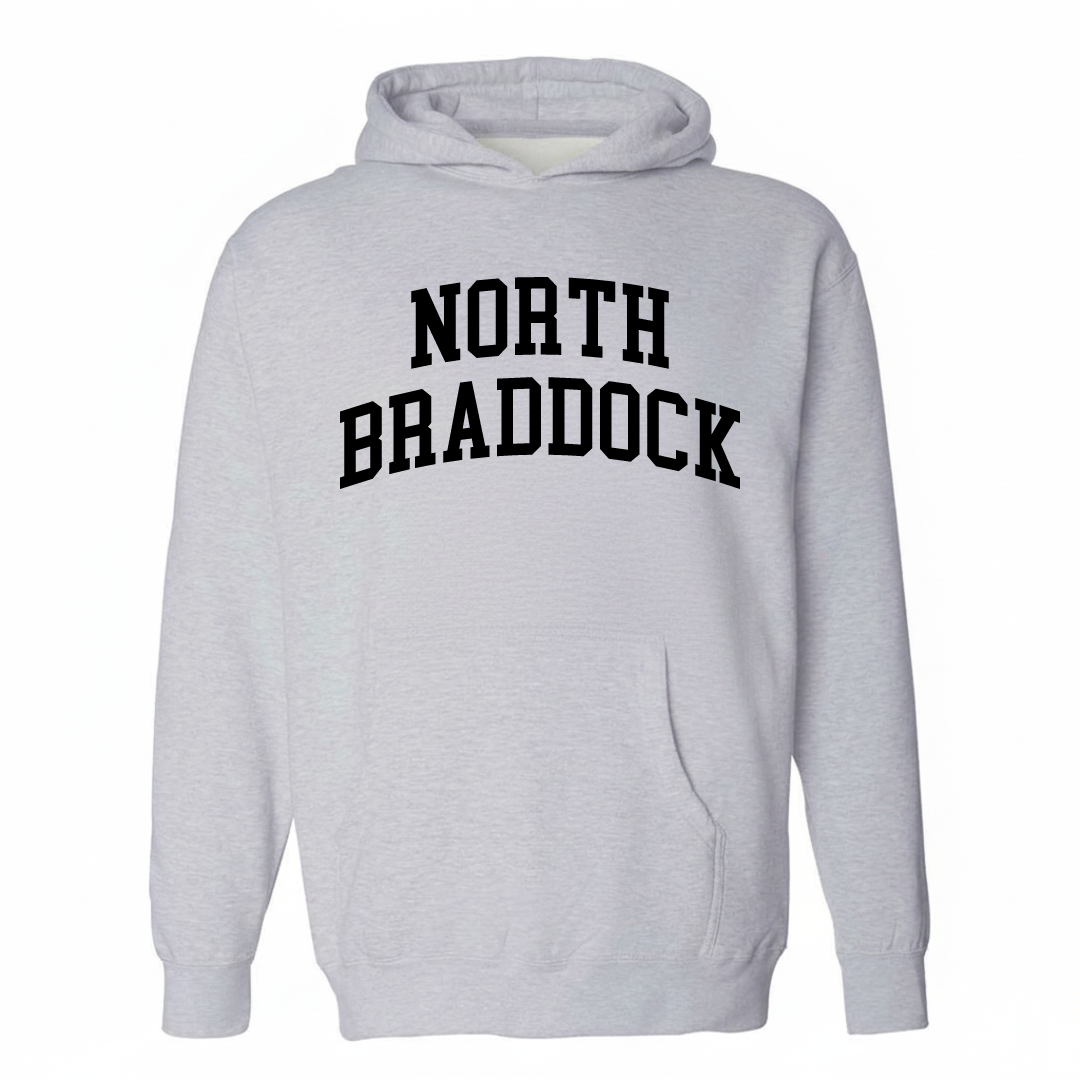 Heather-gray hoodie with North Braddock varsity arched lettering design on the chest.