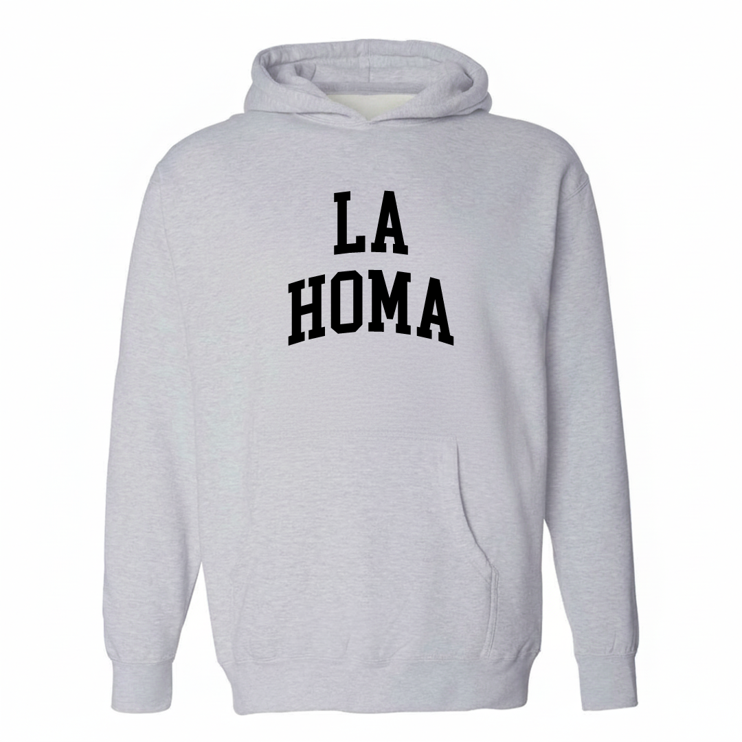 Heather-gray hoodie with the La Homa varsity arched lettering design on the chest.