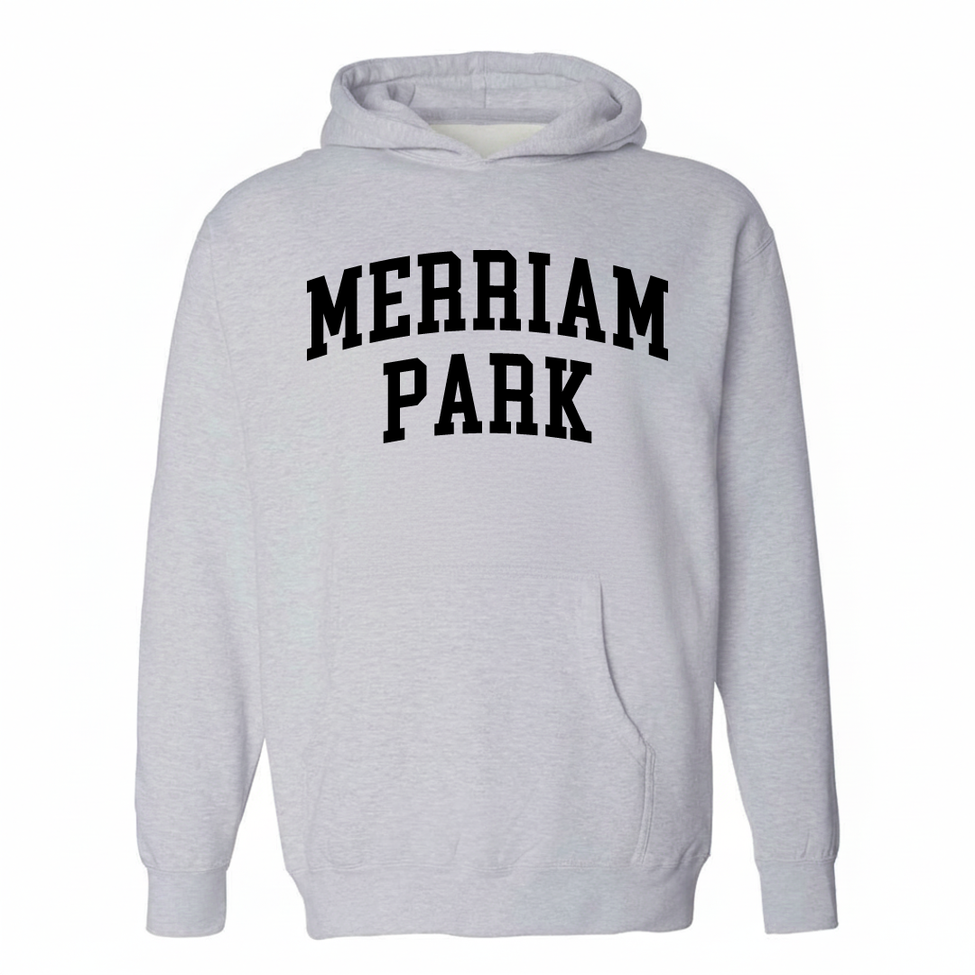 Heather-gray hoodie with the Merriam Park varsity arched lettering design on the chest.