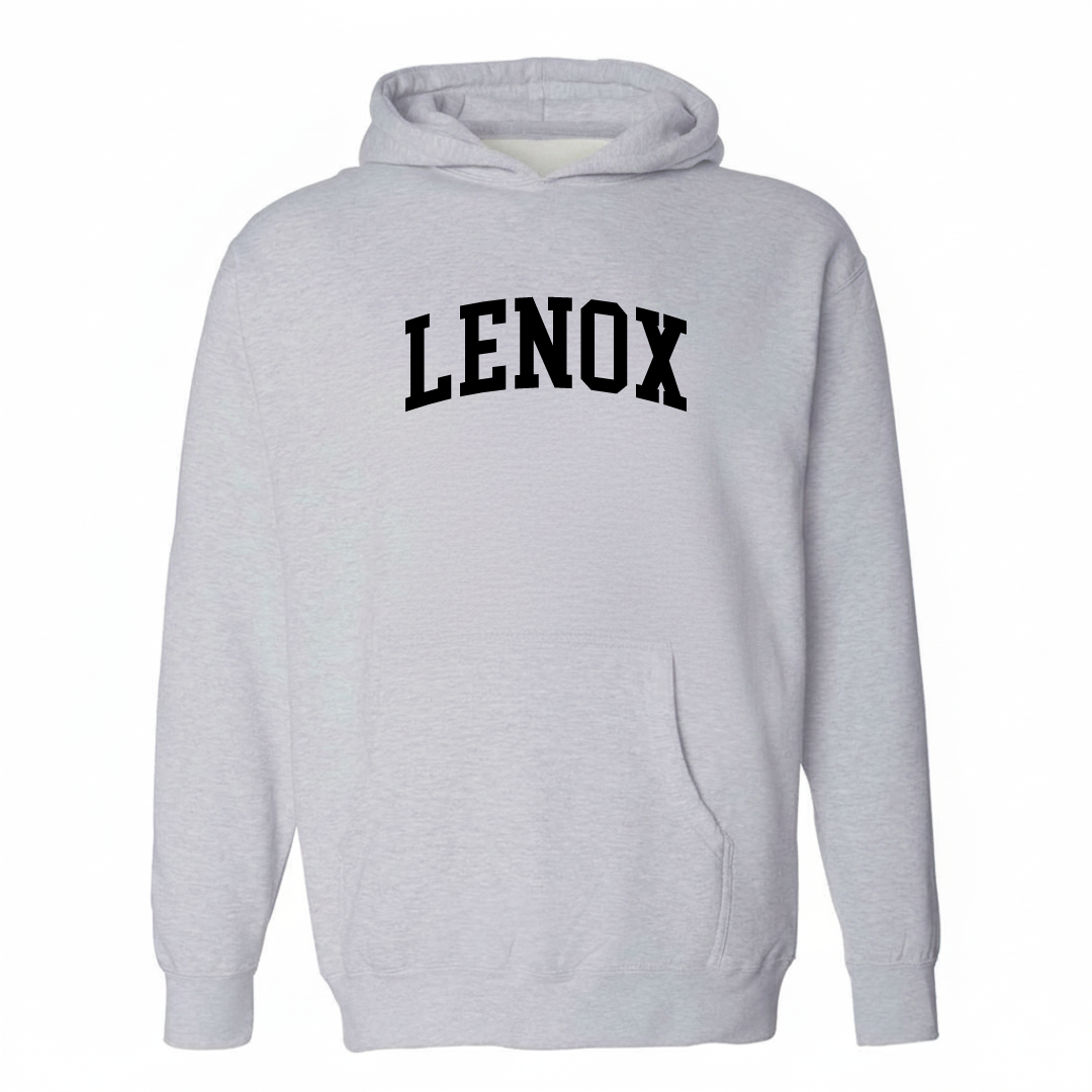 Heather-gray hoodie with the Lenox varsity arched lettering design on the chest.