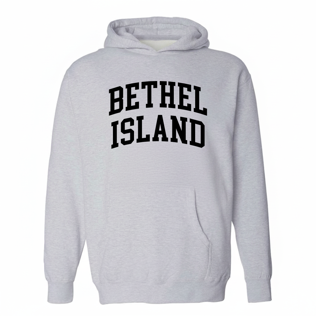 Heather-gray hoodie with the Bethel Island varsity arched lettering design on the chest.