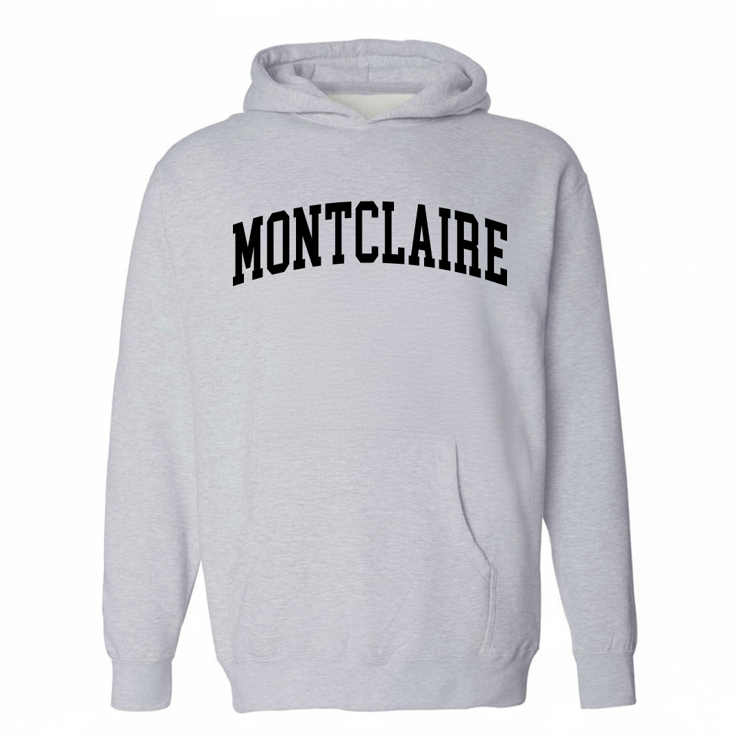 Heather-gray hoodie with the Montclaire varsity arched lettering design on the chest.