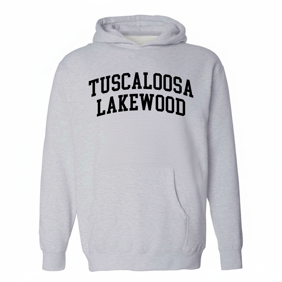 Heather-gray hoodie with the Tuscaloosa-Lakewood varsity arched lettering design on the chest.