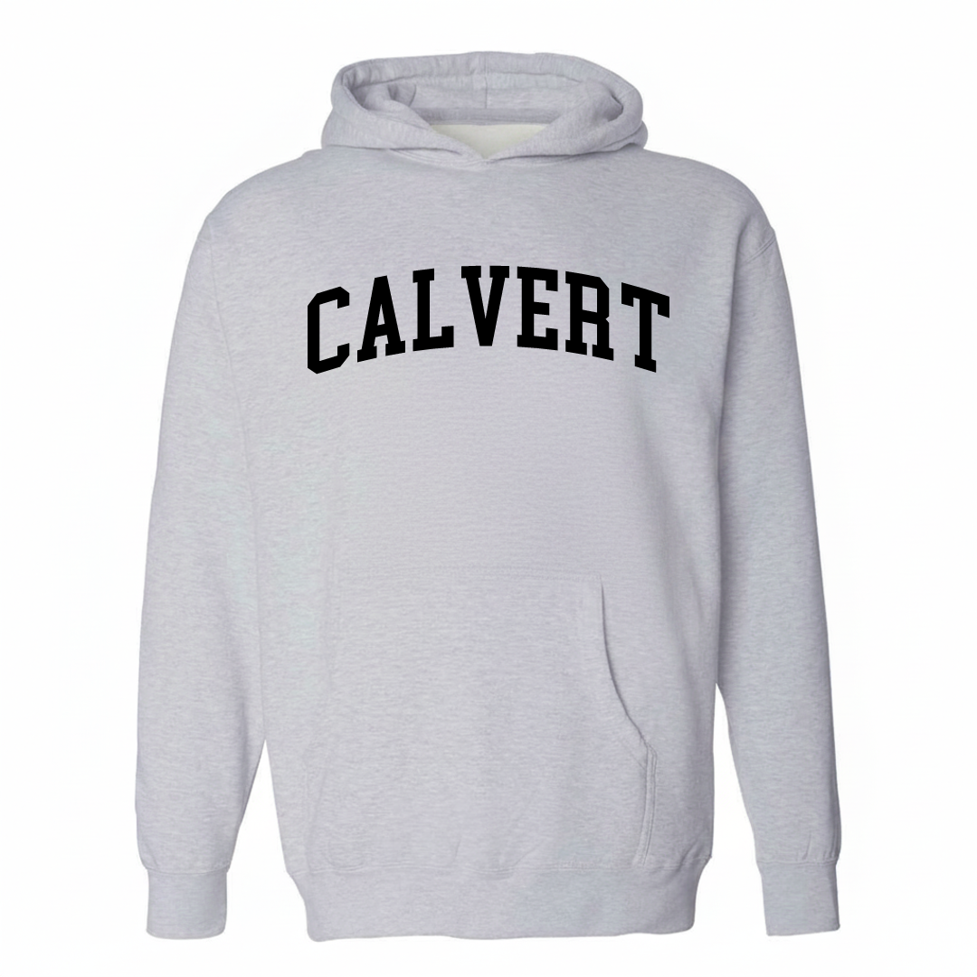 Heather-gray hoodie with the Calvert varsity arched lettering design on the chest.