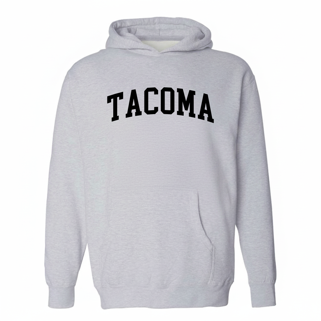 Heather-gray hoodie with the Tacoma arched lettering varsity-collegiate design on the chest.
