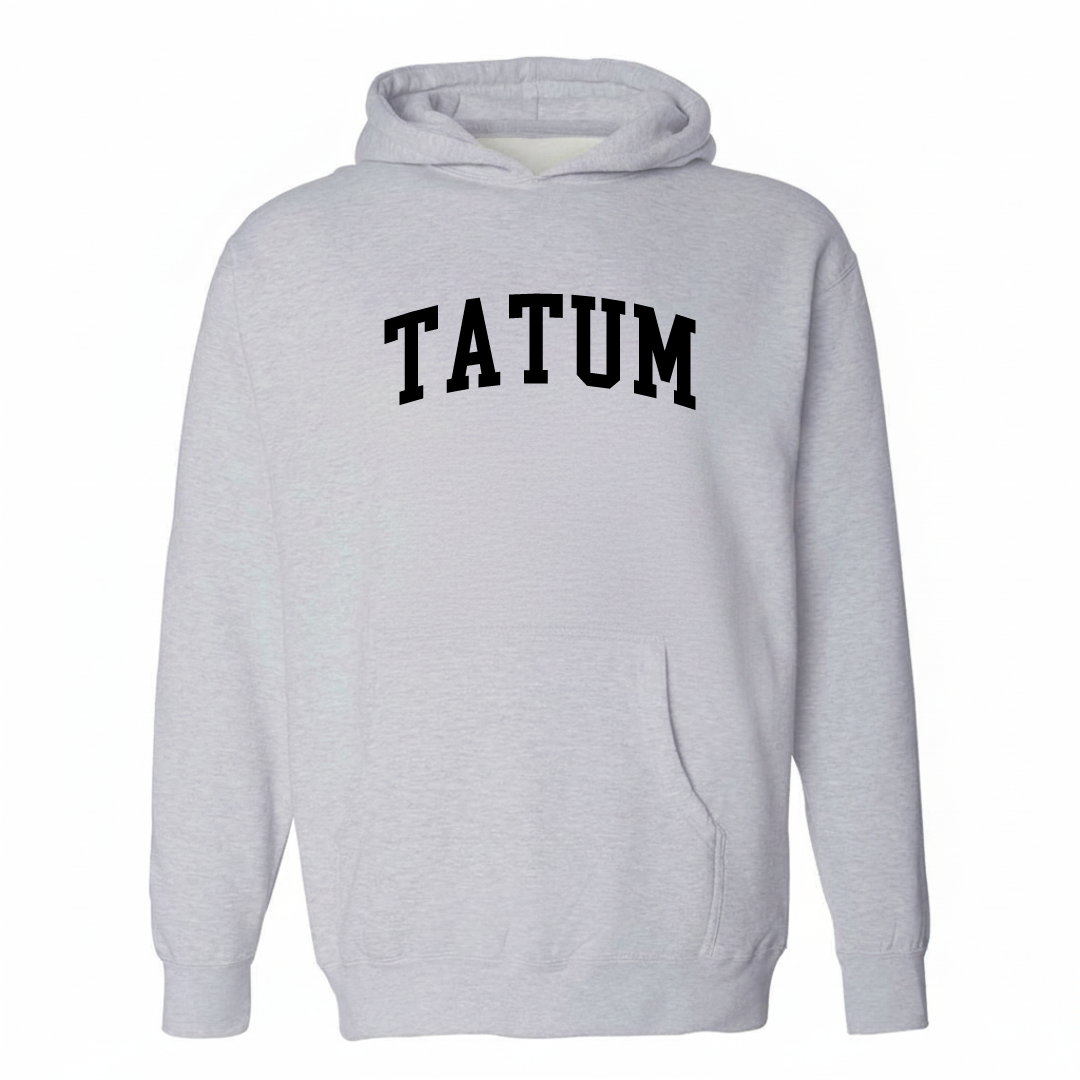 Heather-gray hoodie with the Tatum varsity arched lettering design on the chest.
