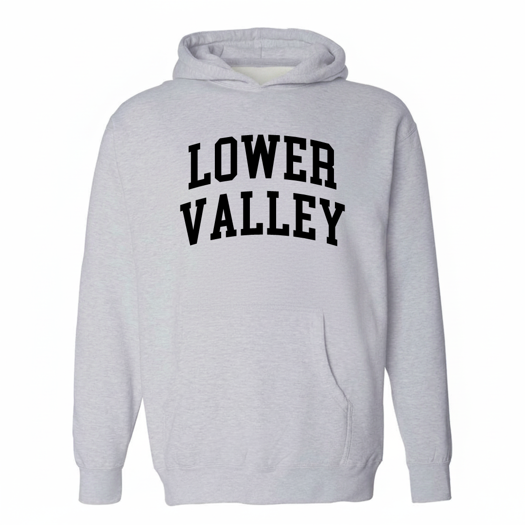 Heather-gray hoodie with the Lower Valley arched varsity lettering design on the chest.