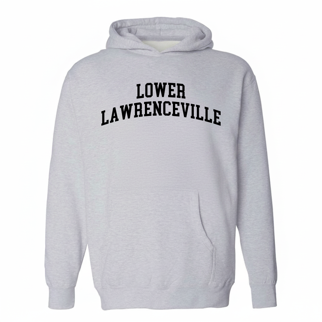 Heather-gray hoodie with the Lower Lawrenceville varsity arched lettering design on the chest.