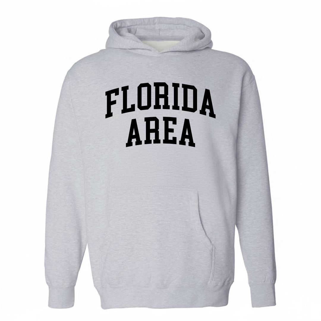 Heather-gray hoodie with the Florida Area varsity arched lettering design on the chest.